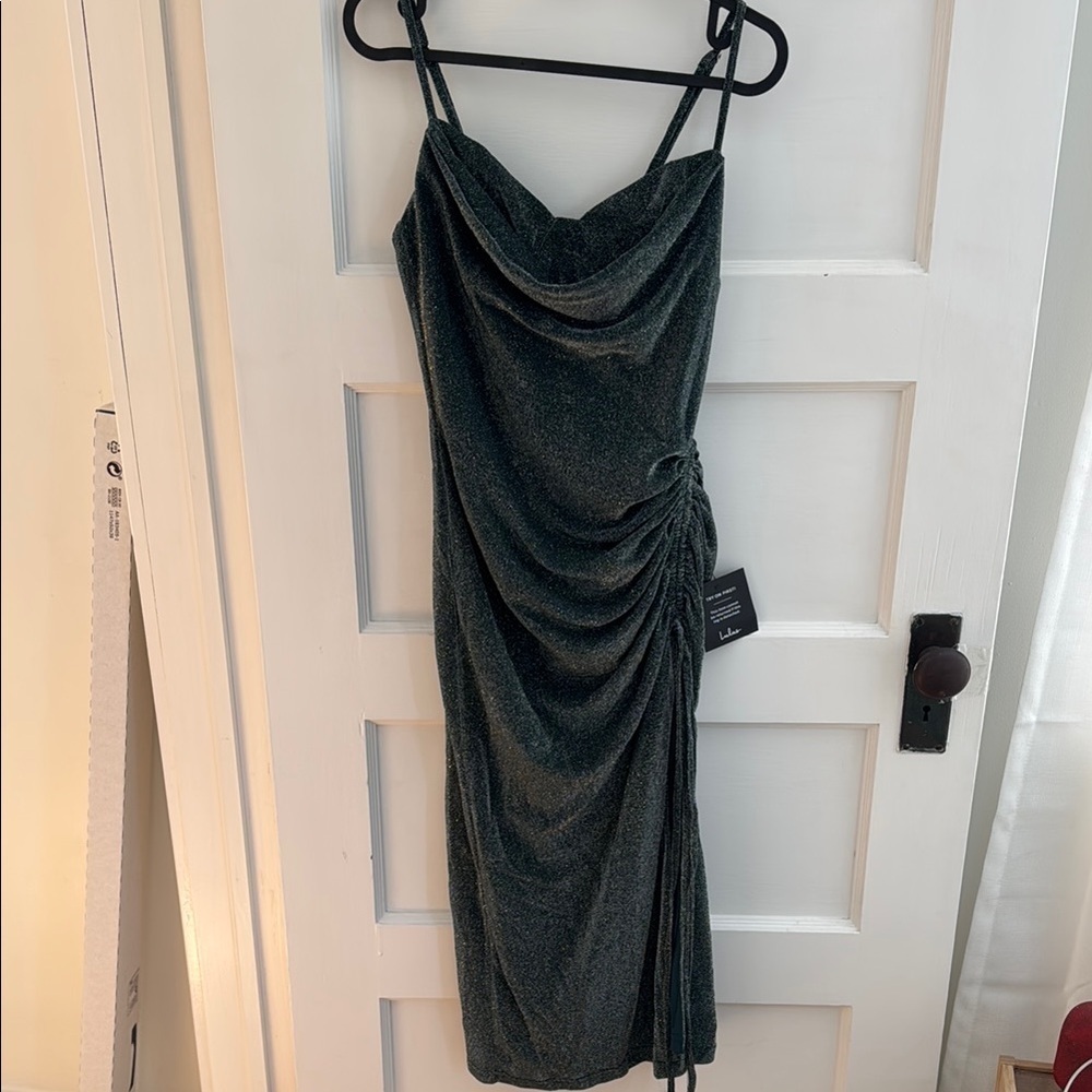 NWT Lulus Wishing On You Green and Silver Cowl Neck Ruched Midi Dress - Picture 3 of 7